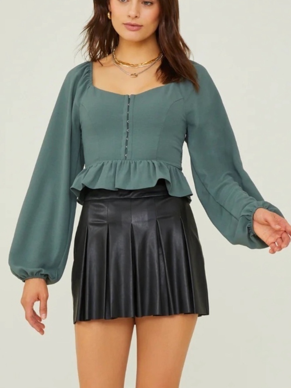 Altar’d State Sage Green Square Neck Peplum Long Sleeve Crop Top